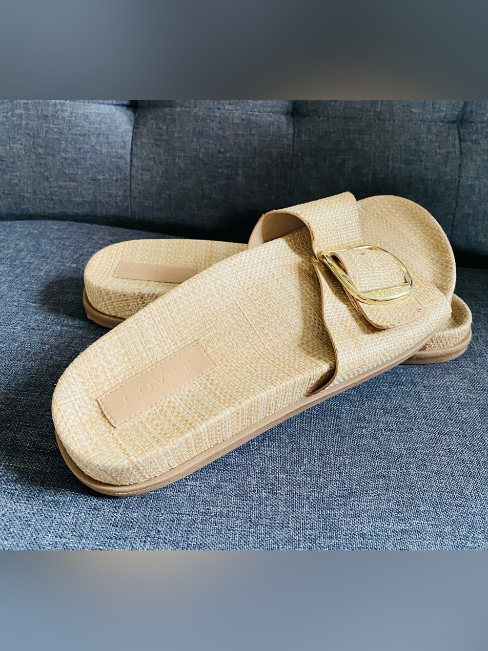 Covet Natural Woven Slide Sandals with Gold Buckle